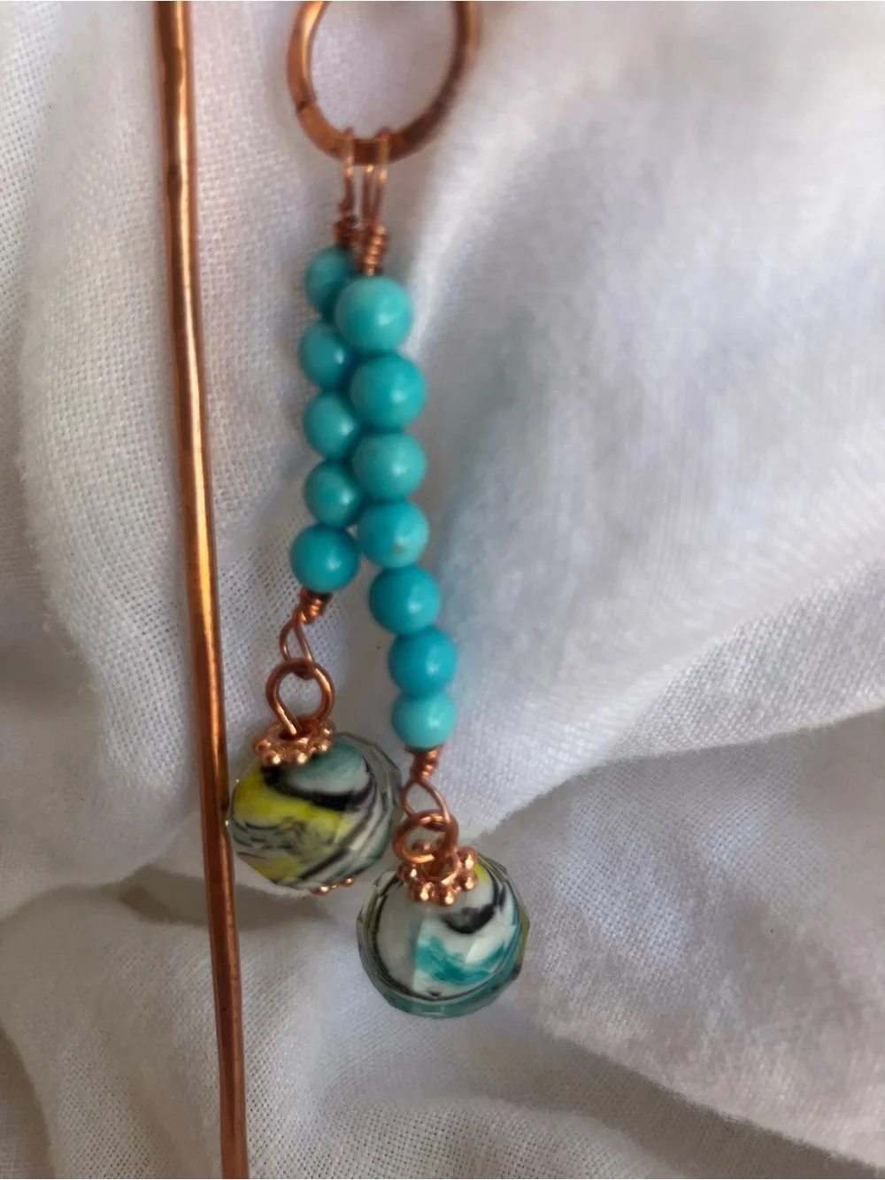 Copper Spiral Hair Stick with Turquoise and vintage glass lamp work Beads
